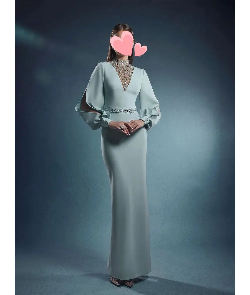 

Customized Luxury Jersey Straight Sequined Crystal Flowers Beading Evening Dress Delicate Long Sleeves Floor Length prom dresses