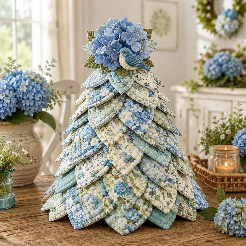 Vintage DIY Quilted Christmas Tree Kit Hydrangea Sunflower Flowers Fabric Patchwork Xmas Tree Beginner‑Friendly Layered