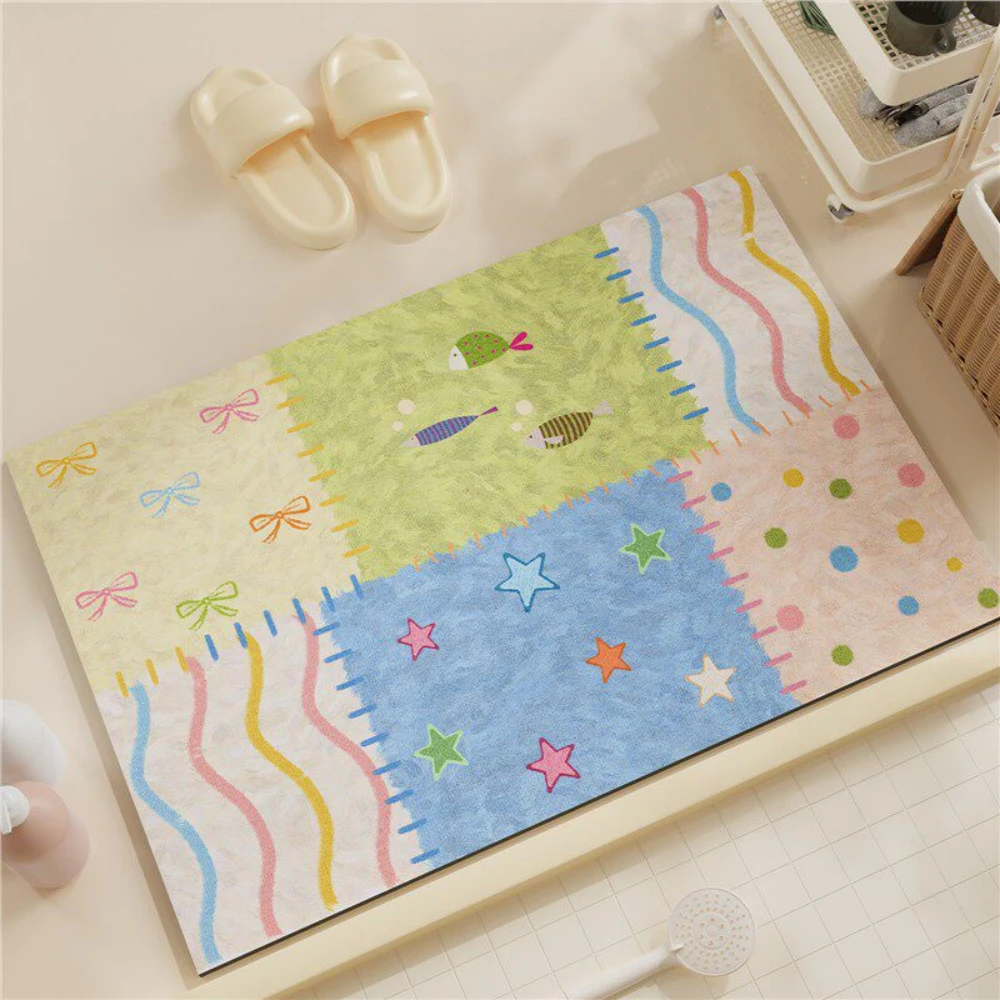 Cute Fish Star Bow Print Bath Mat Quick Dry Shower Rug Pastel Patchwork Cartoon Pattern For Bathroom Floor Pad