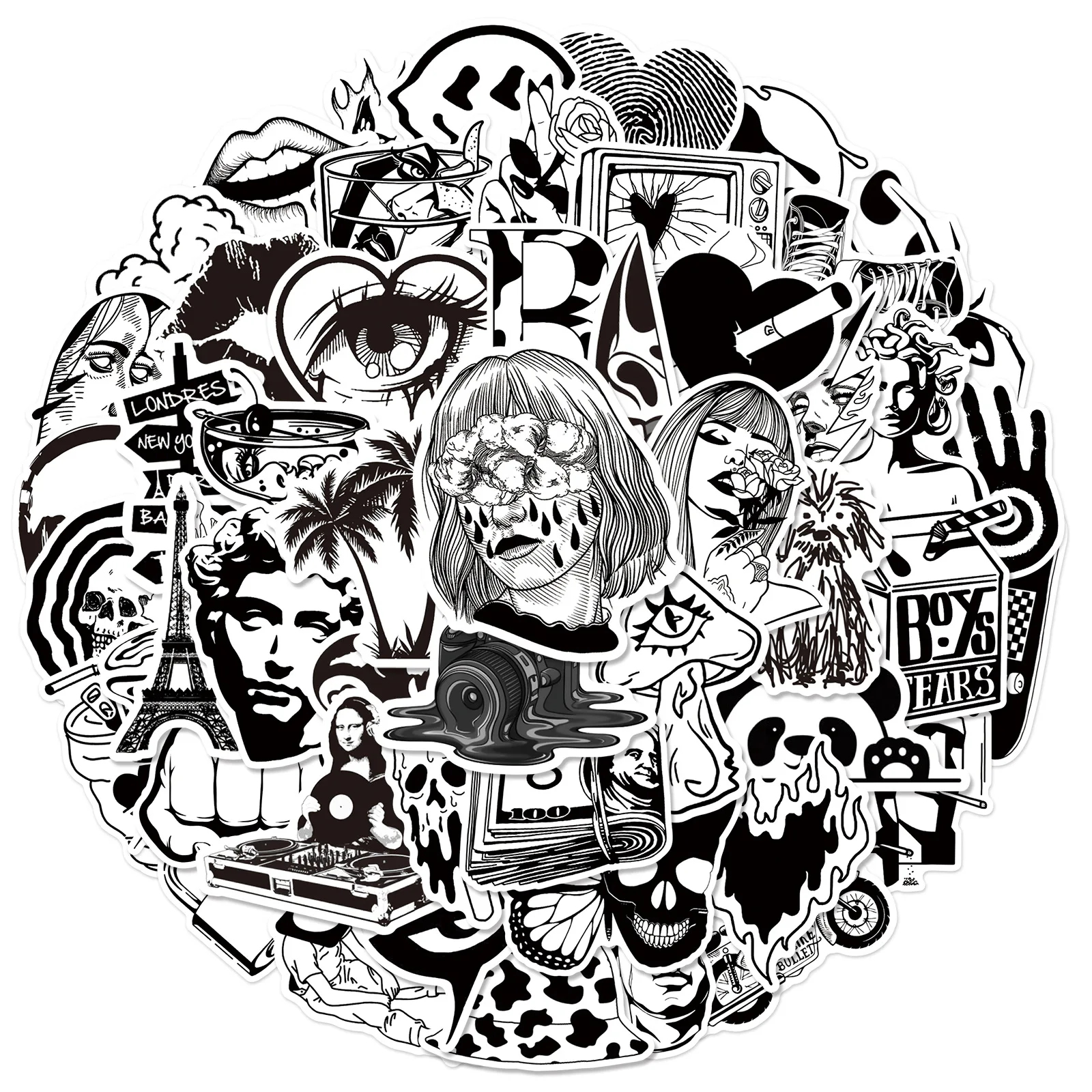 Imagem -01 - Impermeável Art Graffiti Etiqueta Preto e Branco Estético Decorativo Bagagem Laptop Telefone Guitarra Scrapbook Crianças Adesivos 10 Pcs 30 Pcs 50 Pcs impermeavel art graffiti etiqueta preto e branco estetico decorativo bagagem laptop telefone guitarra scrapbook criancas adesivos 10 pcs 30 pcs 50 pcs 01