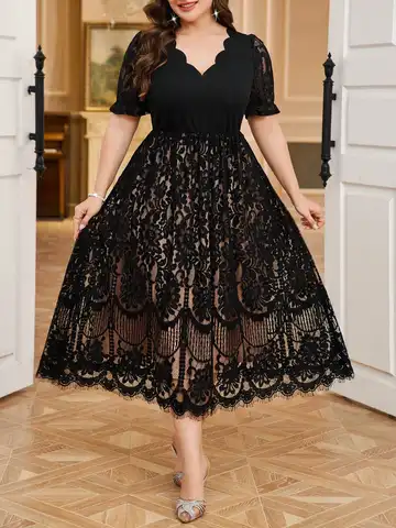 Elegant Black Plus Size Midi Dress With V-Neck, Short Lace Sleeves, And Floral Lace Skirt For Parties And Weddings