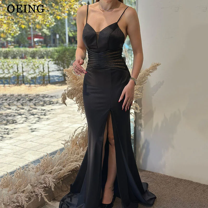 

OEING Simple Mermaid Prom Dresses Black Side Slit Pleat Spaghetti Strap Floor Length Party Gown فساتين سهره Customized