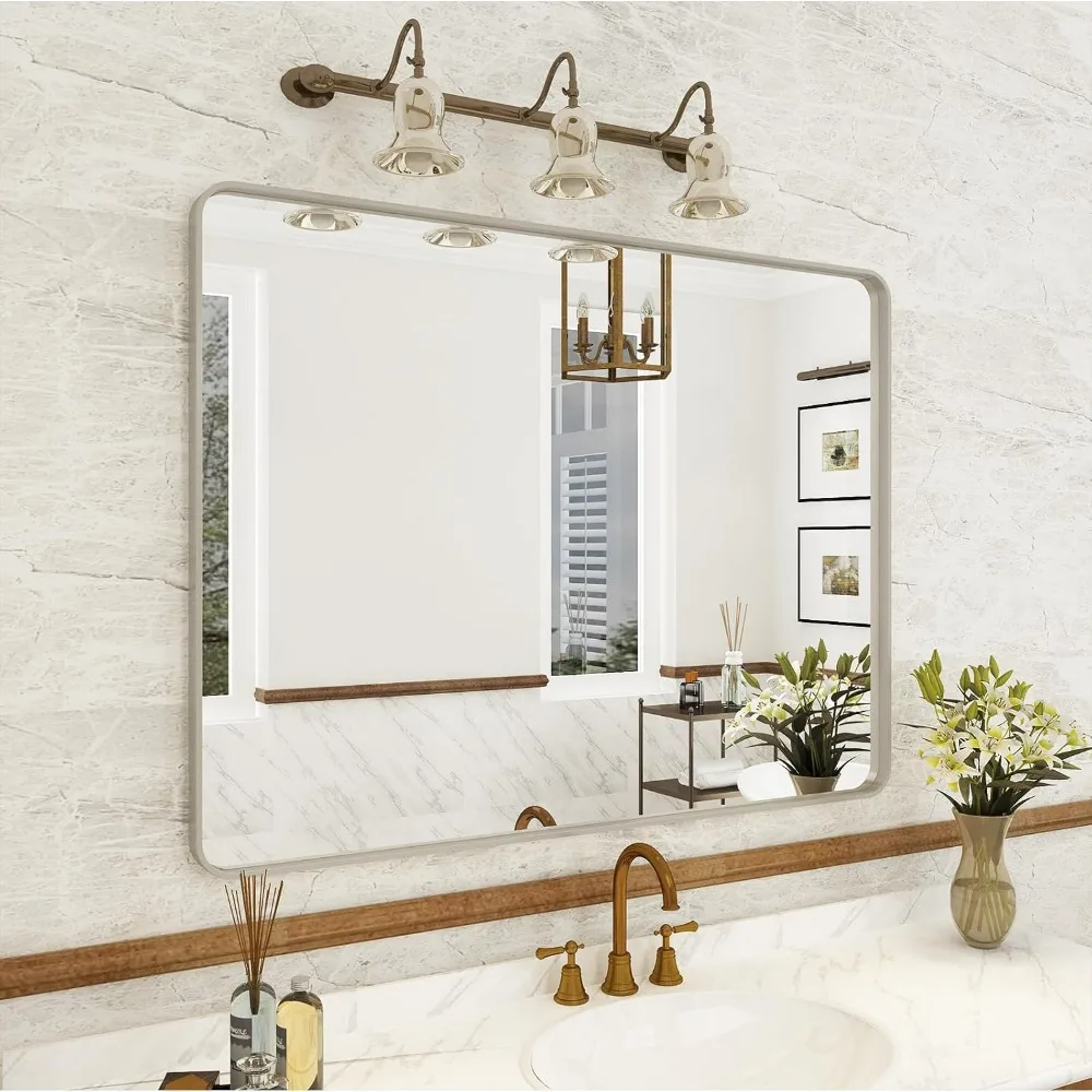 

40x30 Mirror for Bathroom, Brushed Metal Framed Bathroom Vanity Mirror, Wall Mirror, Shatterproof, Anti-Rust Rounded Corners