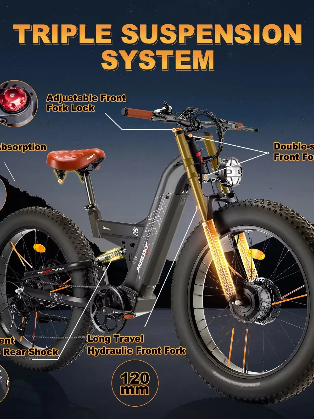 FREESKY M-530 Electric Bike 2000W Dual Motor 48V 30Ah Removable Battery 100-120KM Max Range 60km/h Speed 26*4.0 Fat Tire Full Suspension IP65 Waterpro