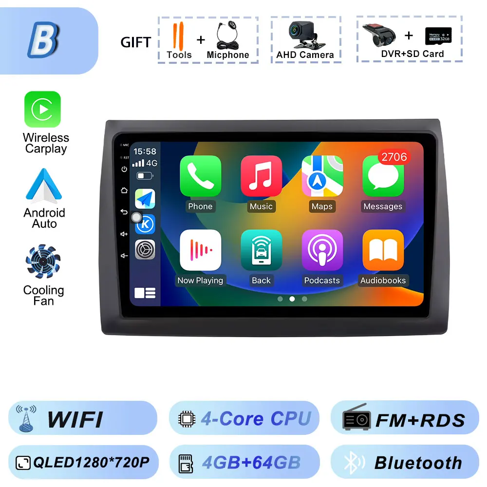Draadloze Carplay Auto Android voor Fiat Stilo 2002-2010 Autoradio GPS Stereo Multimedia WiFi Viedo Speler Autoradio Navigatie