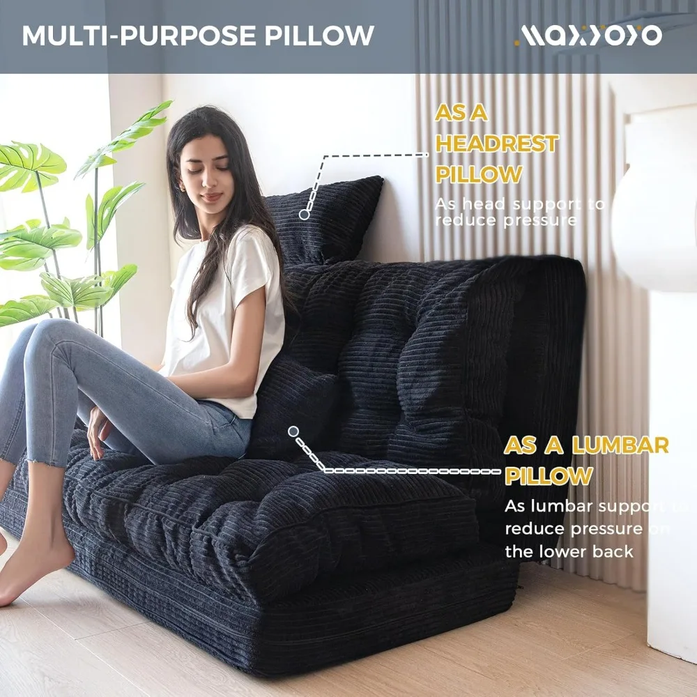 Bean Bag Bed Tufted Folding Sofa Bed with Pillows Floor Mattress for Adults, Extra Thick and Long Floor Sofa, Full Floor