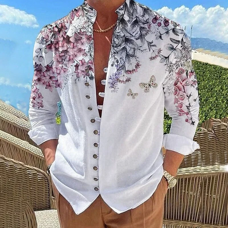 New retro oil painting style floral print men's long sleeved shirt for vacation and casual loose fitting shirt clothing