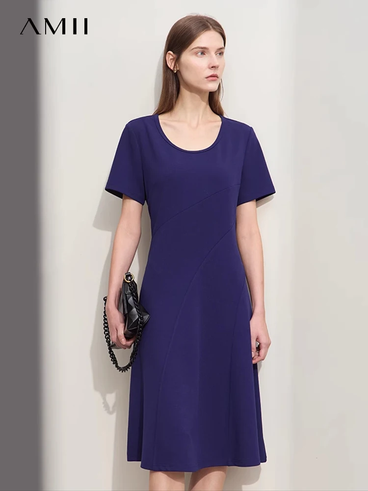 

Amii Minimalism 2024 Summer New Solid Dresses U-neck Elastic Short-sleeve Slim Midi A-Line Elegant Knit Dress for Women 12422086