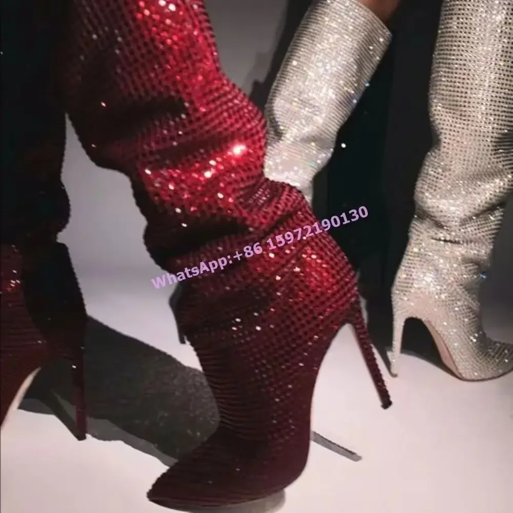 

Crystal Bling Stage Boots Pointy Toe Thin Heels Rhinestone Slip On Solid Sexy Luxury Knee High Boots Women's Runway Shoes 2025