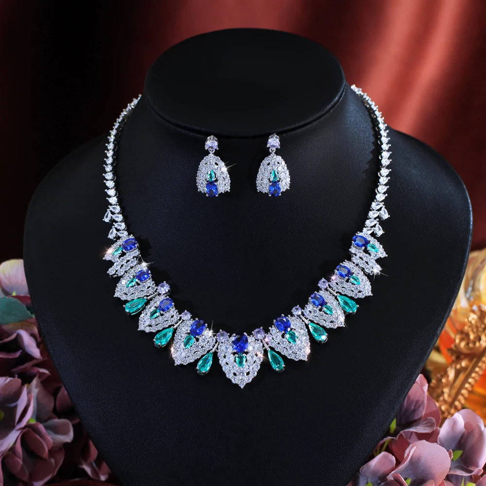 

CWWZircons Ethnic Geometric Blue White CZ Crystal Necklace Earrings Sets for Women Boho Wedding Party Jewelry Festive Gift T0994