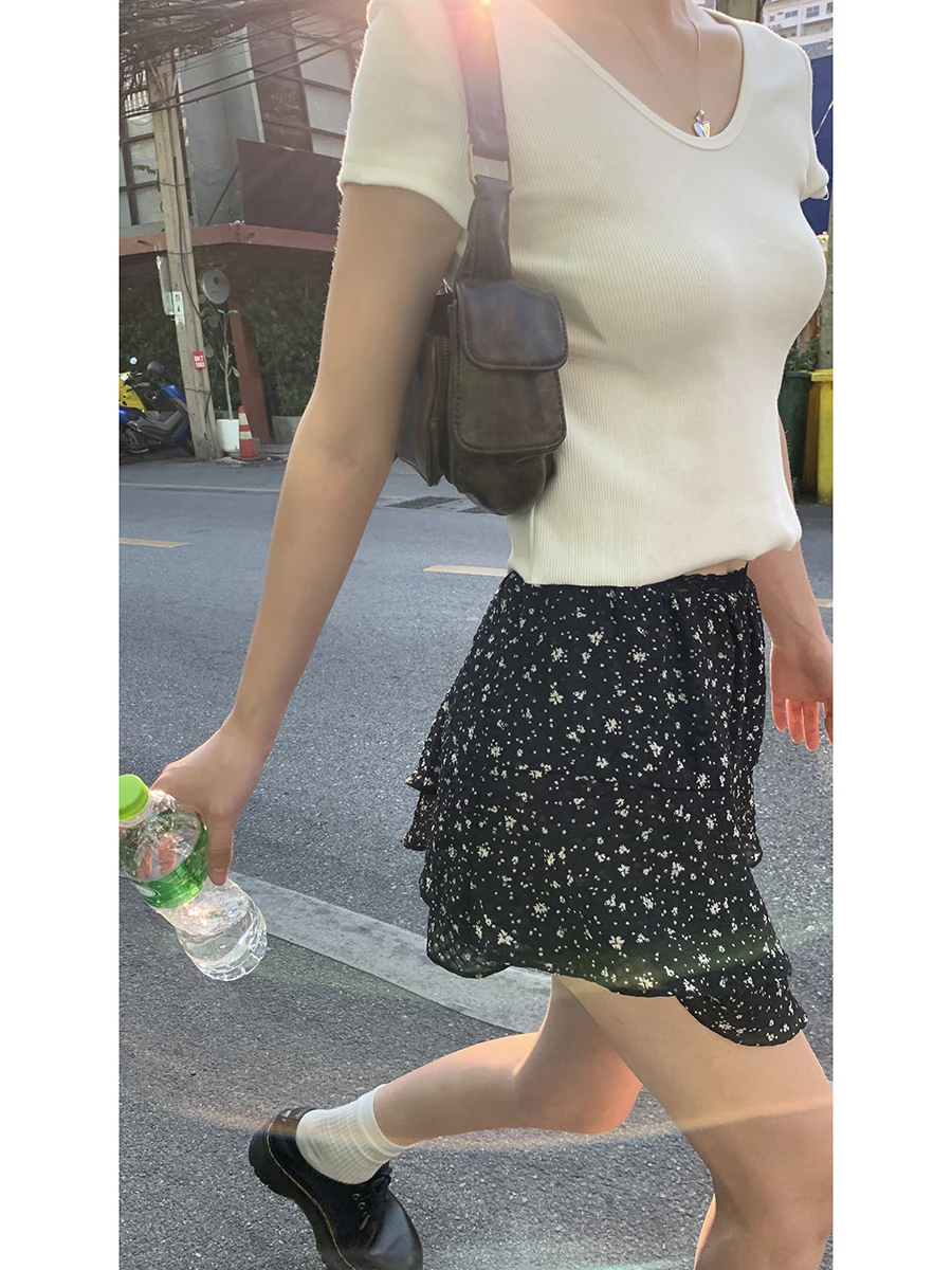 

Ele Bla Floral Print A-Line Skirt Women's Summer Slimming Skirt Cake Skirt Low Waist Polyester Fiber Commute Sle