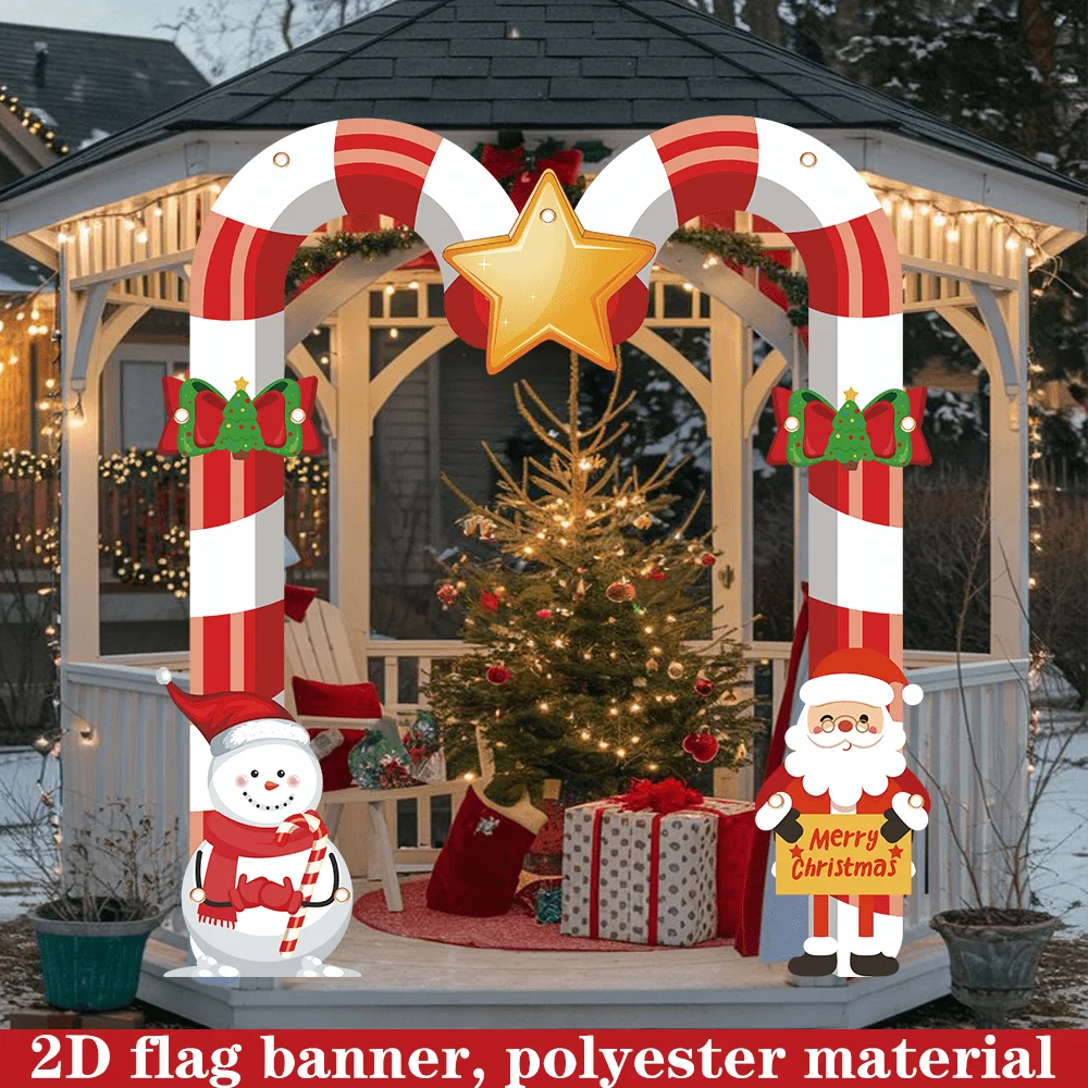 

1pc Christmas Party Decoration 2D FLAT Banner - Candy Cane Porch & Wall Decor With Santa Claus, Snowman, Merry Christmas Text