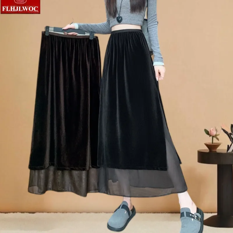Velvet Long Skirts 2025 Autumn Winter Matching Clothes Cute Girls Casual Patchwork Black Sheer Mesh Black Slit Split Skirts