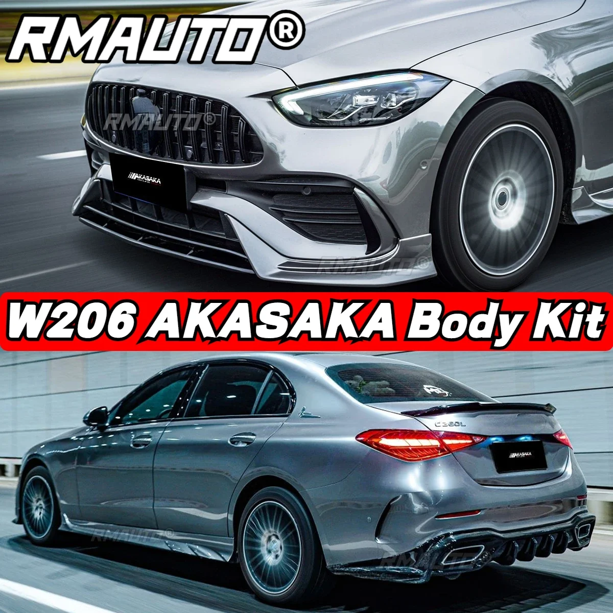 

Комплект для кузова Mercedes Benz C Class W206 2022 + AKASAKA, передний бампер, диффузор, сплиттер, задний спойлер, боковая юбка, гоночный гриль