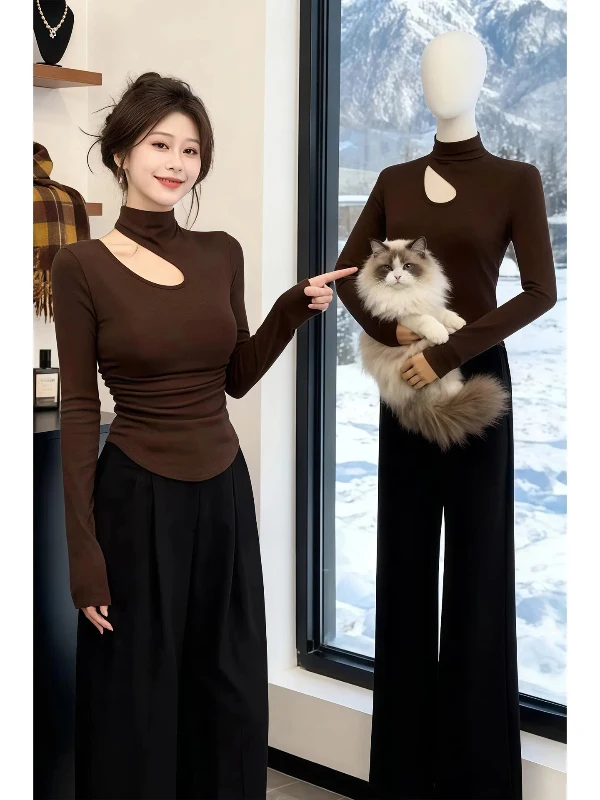 

plus Size Slimming Fleece Lined Long Sleeve Half High Collar Base Shirt for Women Autumn Winter Fashion Korean Style Commute ...