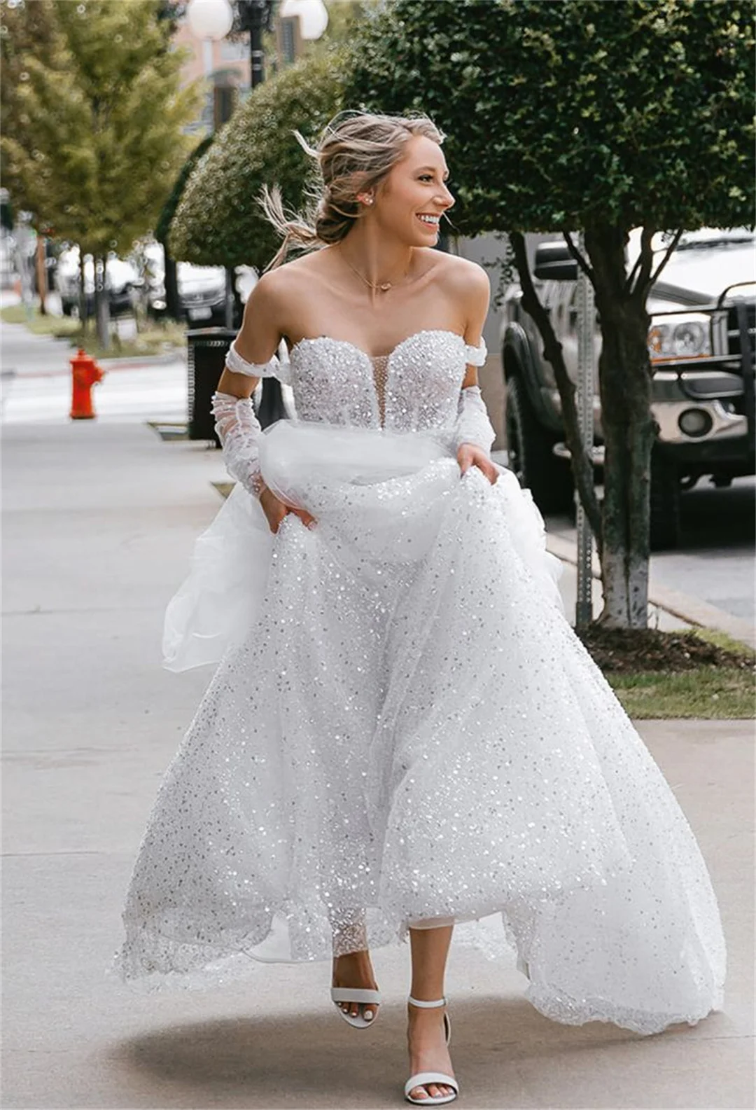 

Gorgeous Beading Long Sleeve Wedding Dresses Elegant Sweetheart Off the Shoulder A-line Floor-Length Prom Dress Bridal Gowns ﻿