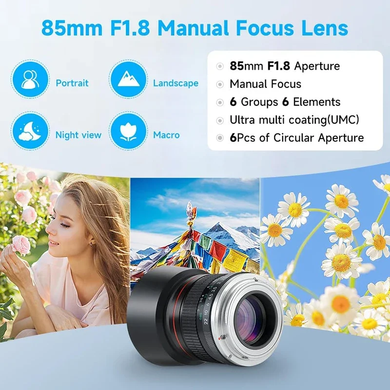 Lightdow 85mm F1.8 Medium Telephoto Manual Focus Full Frame Portrait Lens for Canon EOS R R3 R5 R6 R10 R100 Mirrorless Cameras