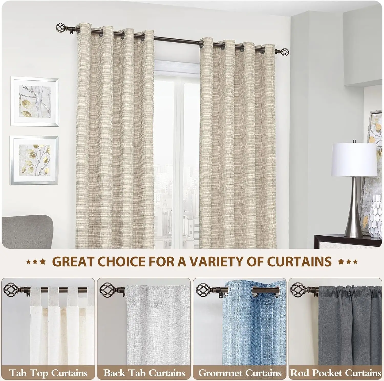 Brown 7/8 Inch Heavy Duty Telescoping Splicing Curtain Rods with Twisted Cage Finials are Applicable to Any Room Type for Window