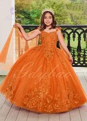 Orange Flower Girl Dress For Wedding Lace Applique Puffy Tulle Floor Length Princess Pageant Kids Birthday Party Ball Gown