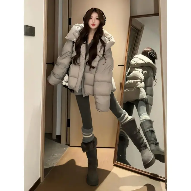 

Зимняя новая модель ленивого стиля, женская куртка-пуховик, свободное утягивающее пальто на флисовой подкладке, сохраняющая тепло, с капюшоном, повседневная куртка на хлопковой подкладке