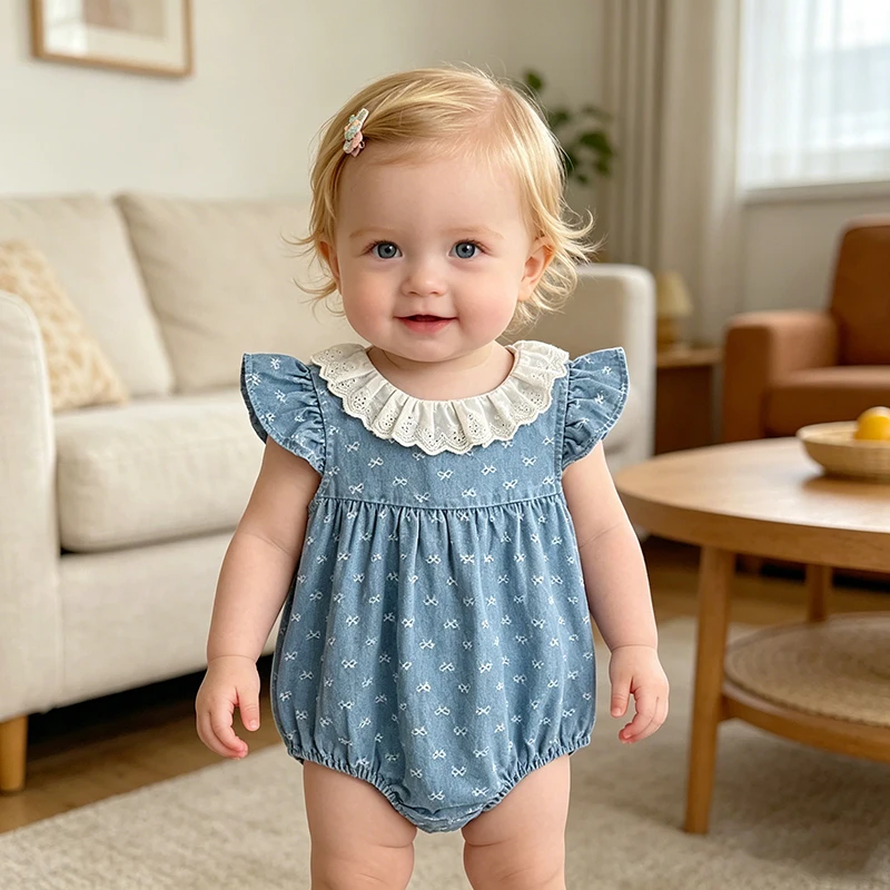 2026 Sommer Neugeborenen-Babykleidung Mädchen-Jeans-Strampler 0-24M Baumwolle Schleifendruck Baby-Mädchen Flatterärmel-Overall