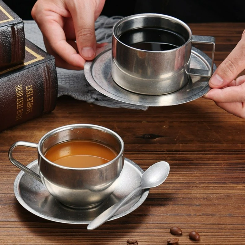 

Retro Stainless Steel Coffee Cup Set with Coffee Spoon & Coffee Dish Household Camping Outdoor Latte Milk Tea Cup Set Tableware