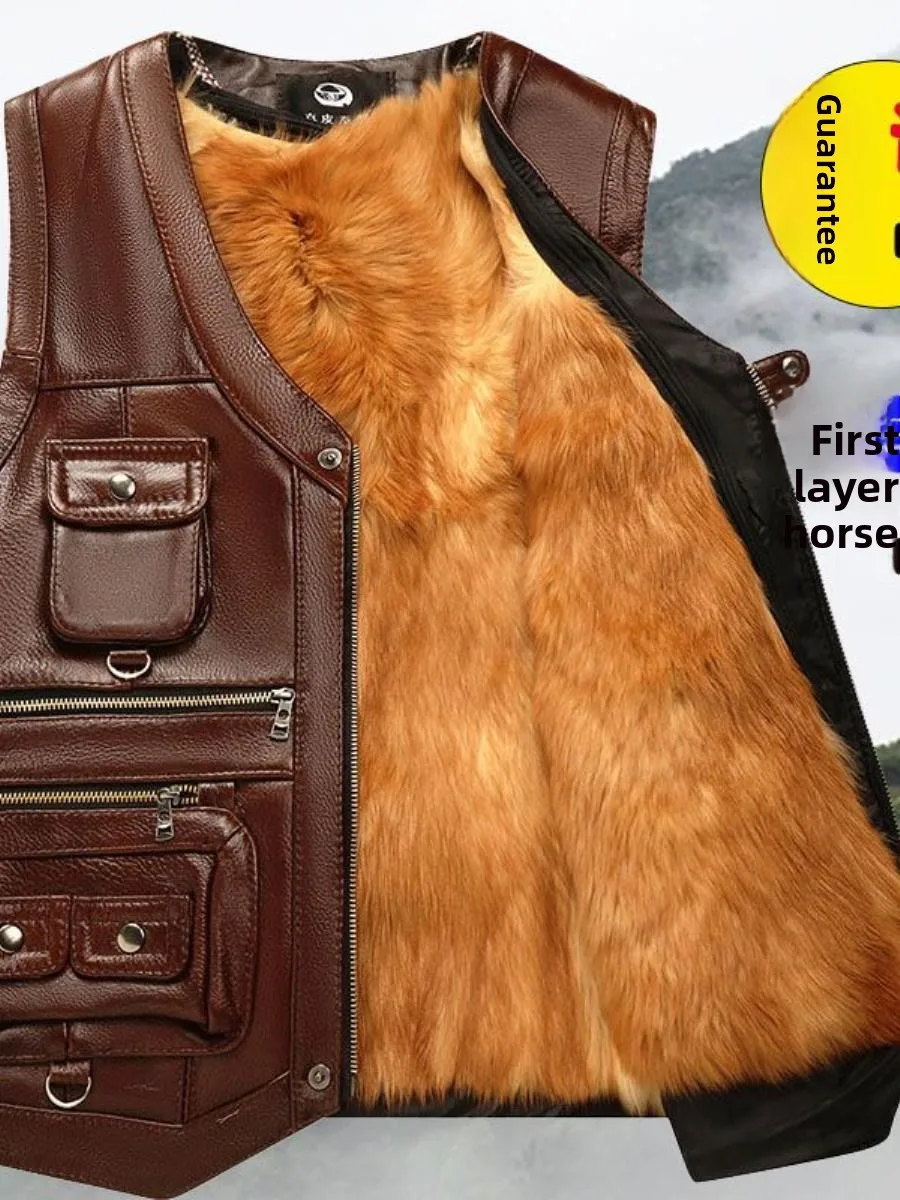 

Warm Leather Vest Men's Casual Winter Faion Middle-Aged And ly Layered Cowhide Multi-ket oulder Dad Clothes