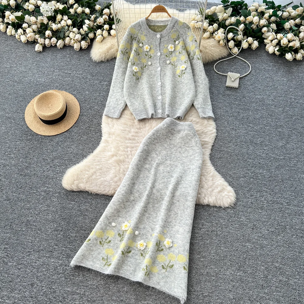 

Women Two Pieces Floral Dress Set Knit Matching Sets Cardigan Sweater Ankle Lenth Skirt Loose Elegant Casual 2025 Autumn Winter