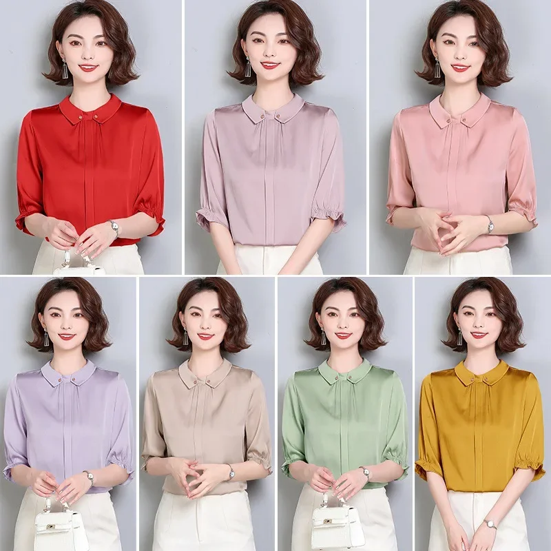 2024 Summer New Style Silk Satin Loose Fit Comfortable French Design Sensibility Mulberry Silk Mid Sleeve Shirt For Women