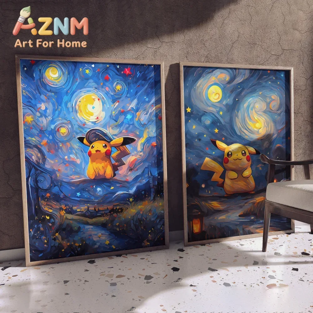 AZNM Pikachu Pokemon Starry Night Van Gogh Style Canvas Wall Art, Unframed Canvas Print Poster for Bedroom Living Room Decor