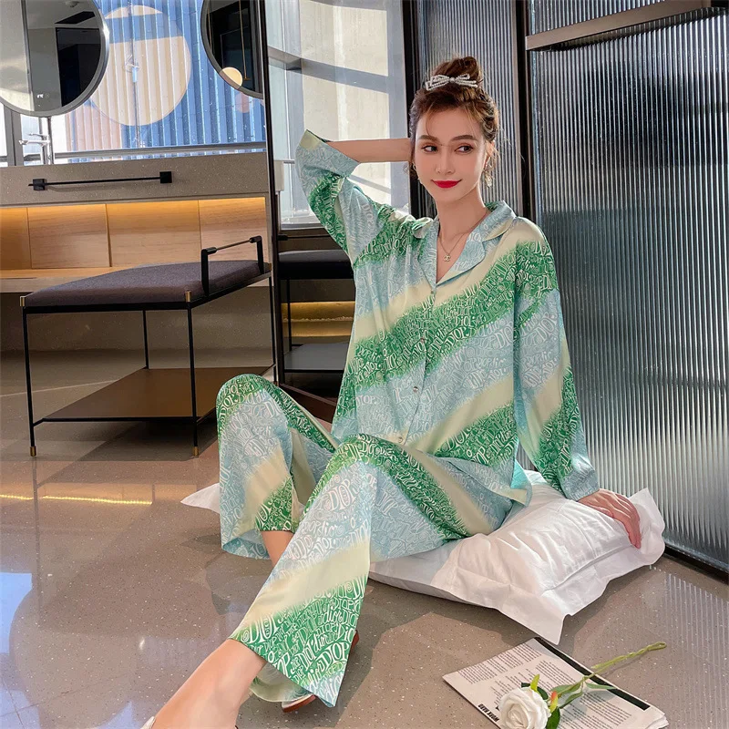 

Rayon Pajamas Set Trouser Suits Spring Autumn Pijamas Suit Sexy 2PCS Sleepwear Loose Home Clothes Long Sleeve Women Nightwear