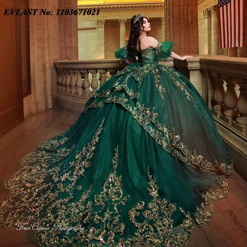 EVLAST Aangepaste Smaragdgroene Quinceanera Jurk Baljurk Gouden Kant Applique Kralen Sweet 16 Vestidos De 15 Anos SQ741