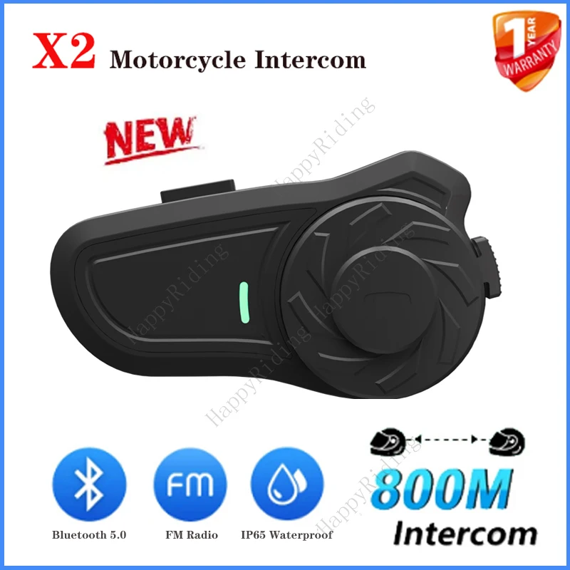 

2024 New X2 Motorcycle Intercom Bluetooth Headset For 2 People Full Duplex 800M Interphone Hands-free Communicator With FM IP65