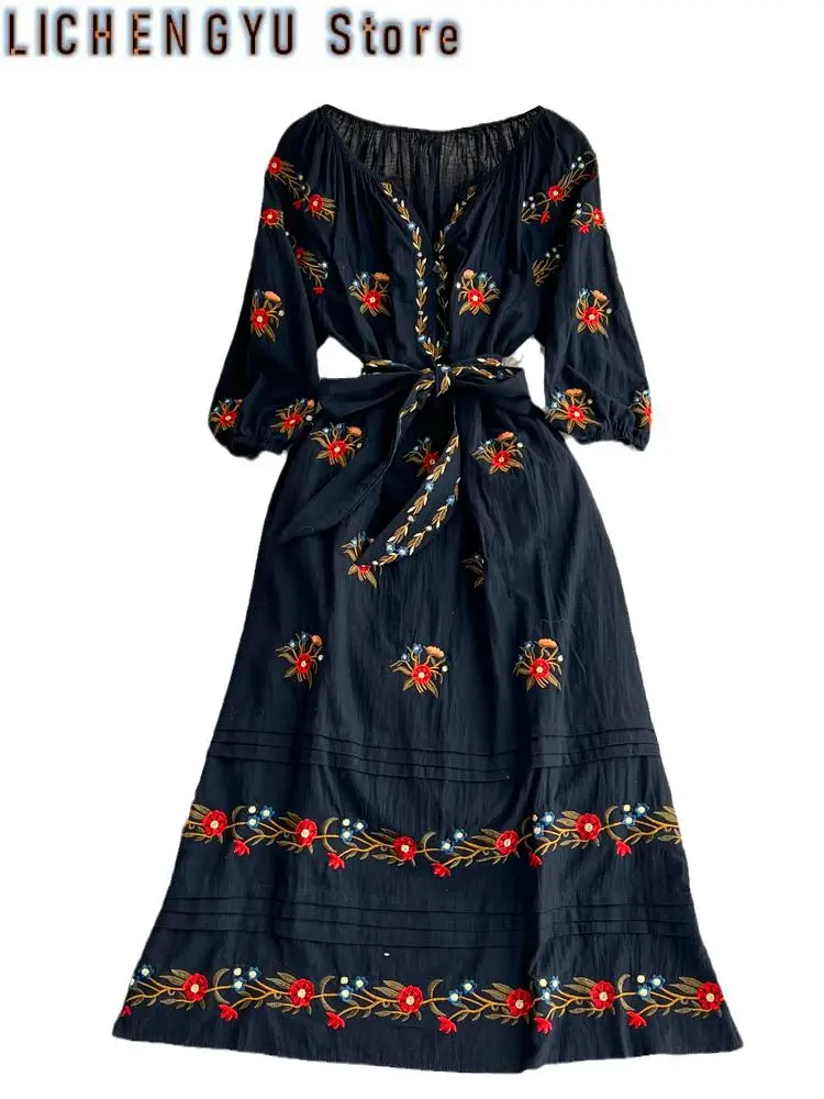 Robe à lacets brodée de style doux bohème pour femmes, manches longues, col en V, taille haute, robes d'automne, nouveau document d'abonnés