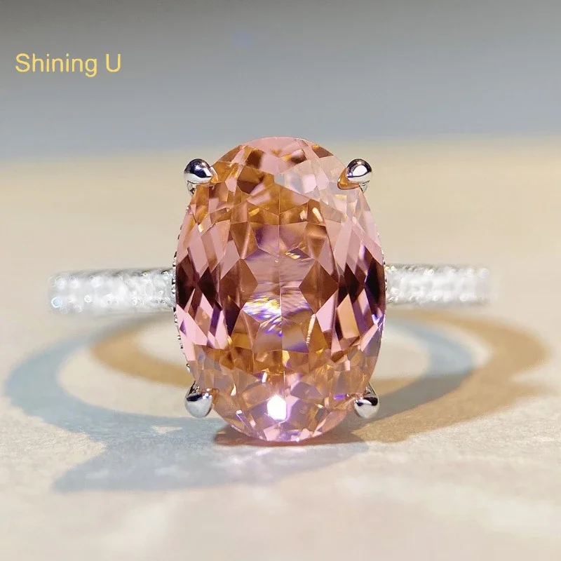 

Shining U S925 Silver Padparadscha 6CT 9*13mm Pink Oval High Carbon Daimond Gems Ring for Women Fine Jewelry Gift Engagement