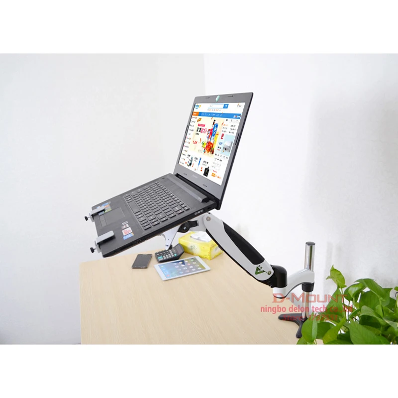 DL-GM112-LP1 full motion aluminum air press gas spring dual arm laptop desktop Mount swivel grommet hole clamp notebook tray