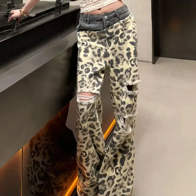 

Hotsweet Leopard Printed Patchwork Trousers Female Clothing Fashionable Ripped Spring Autumn American High Waist Wide Leg Jeans