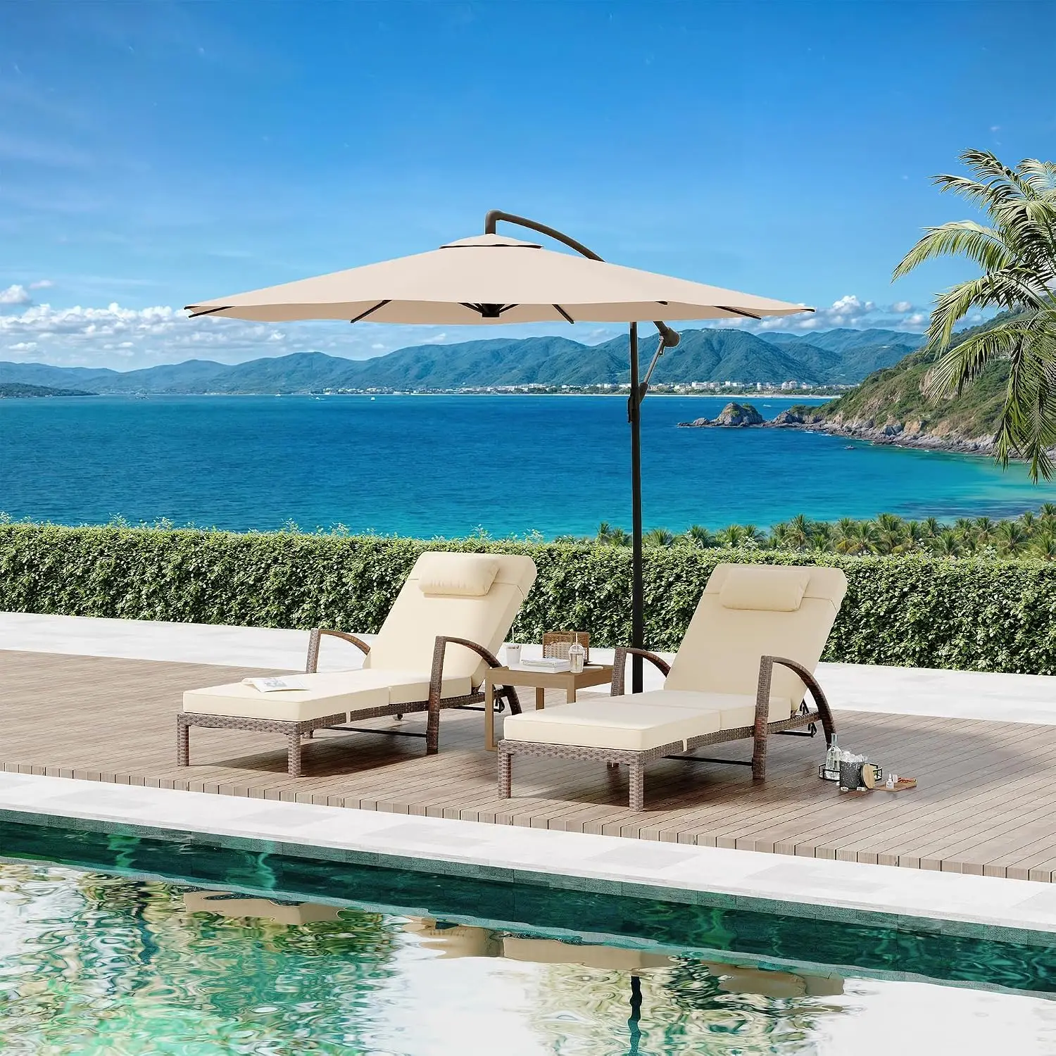 PE Rattan Chaise Lounge 2-Pack, 5-Position Adjustable Backrest, Blue Cushions, Wheels, Patio Pool Furniture, Customized