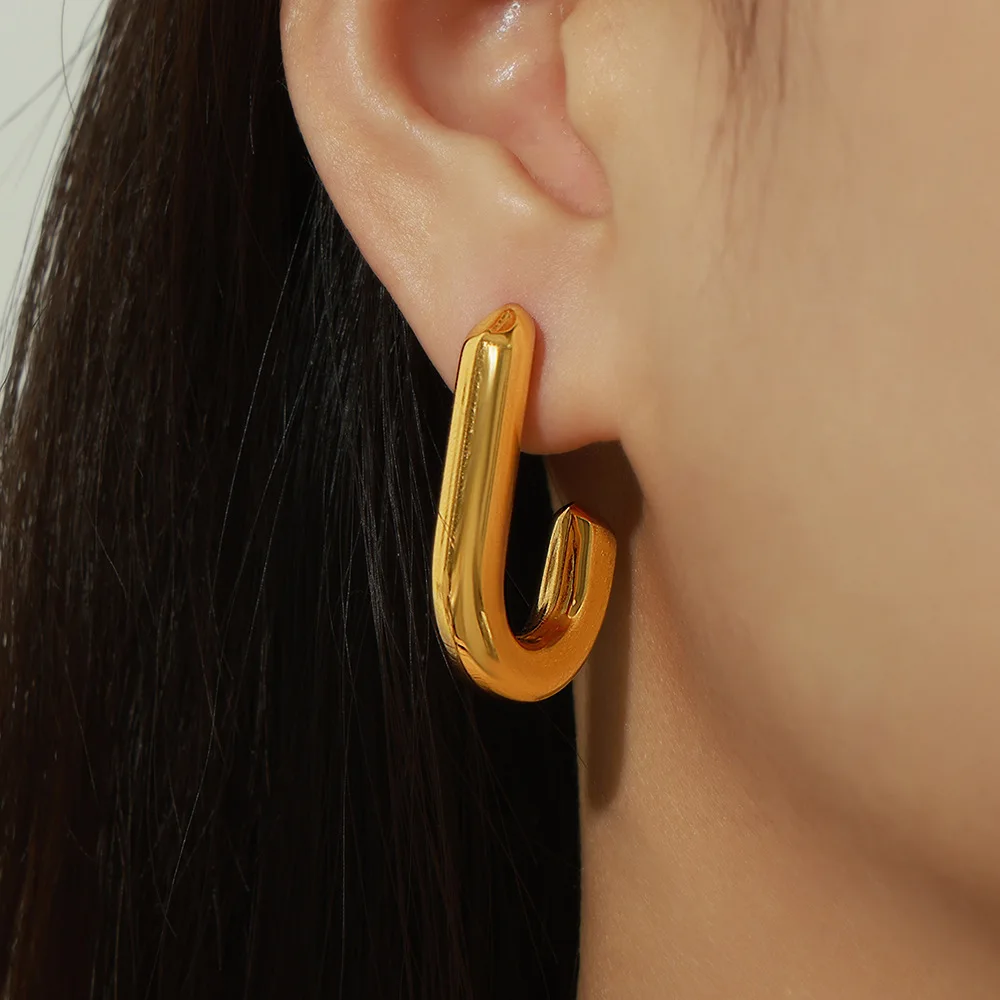 Chunky Stud Earrings Non Tarnish Geometric Jewelry Gold Plated Stainless Steel Hollow Triangle J Shapes Hoop Earrings Women view 2