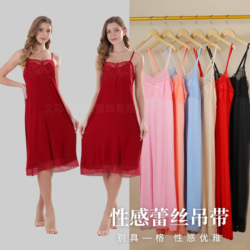 

Модальная кружевная ночная сорочка на бретельках с разрезом, цельный комплект, сексуальная шелковая ночнушка для женщин, летнее платье, одежда для сна, ночная рубашка