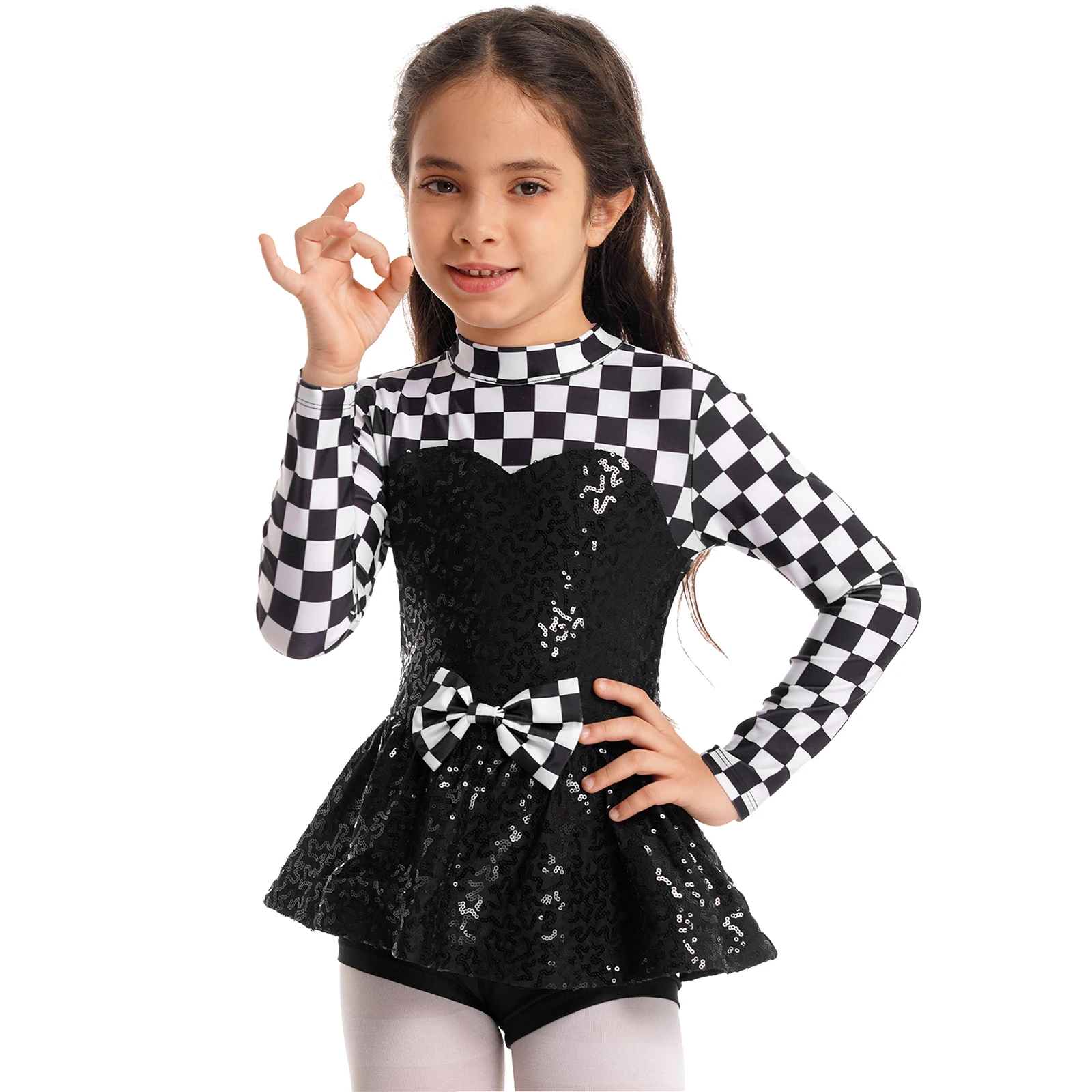 

Halloween Kids Girls Circus Cosplay Costume Long Sleeve Sequins Checkerboard Leotard Bodysuit for Carnival Party Performance