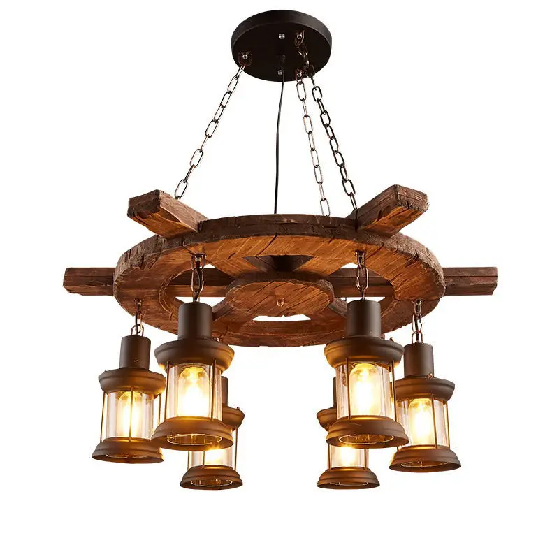 

Industrial style, restaurant barbecue shop, solid wood decoration, bar restaurant box chandelier, solid wood chandelier