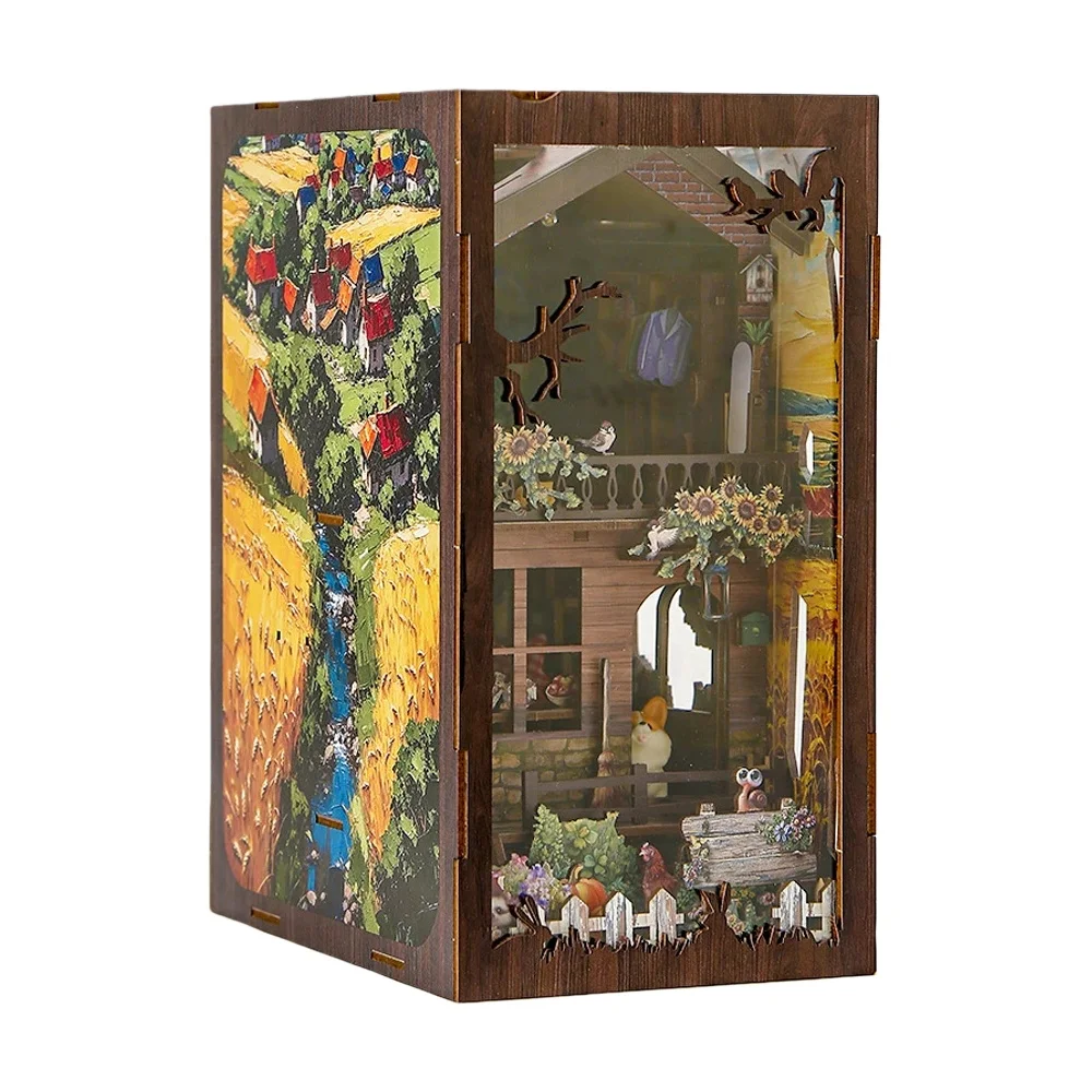 Country Cottage Book DIY Wooden Nook Shelf Insert Kits Miniature Model Kit With Lights Bookend for Friends Birthday Gifts