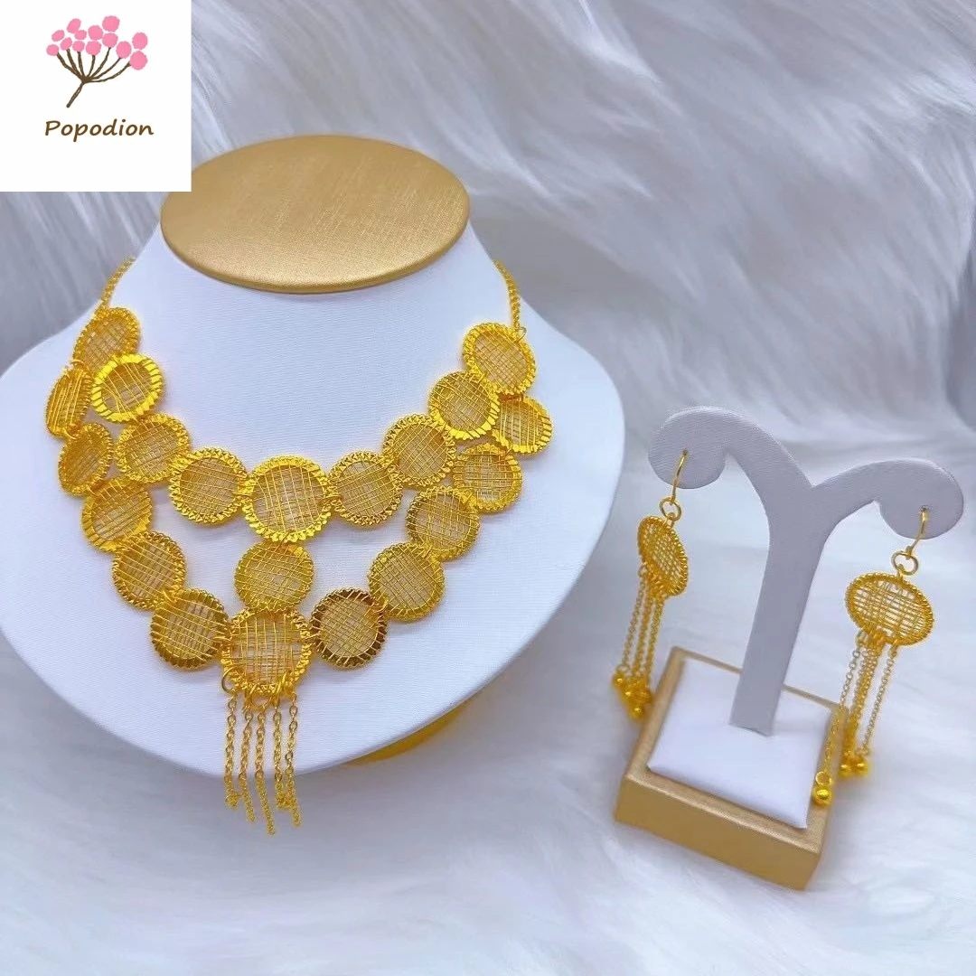 New Dubai 24K Gold Plated Necklace Women's Earrings Fashion Jewelry Two Piece Set Popodion YY10387