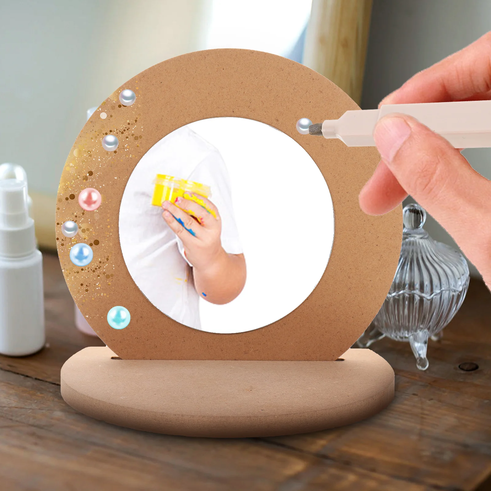 

2 Small Tabletop Mirrors Unpainted Wood DIY Craft Decoration Kids Handmade Mirror Toy Blank Makeup Retro Creative Supply