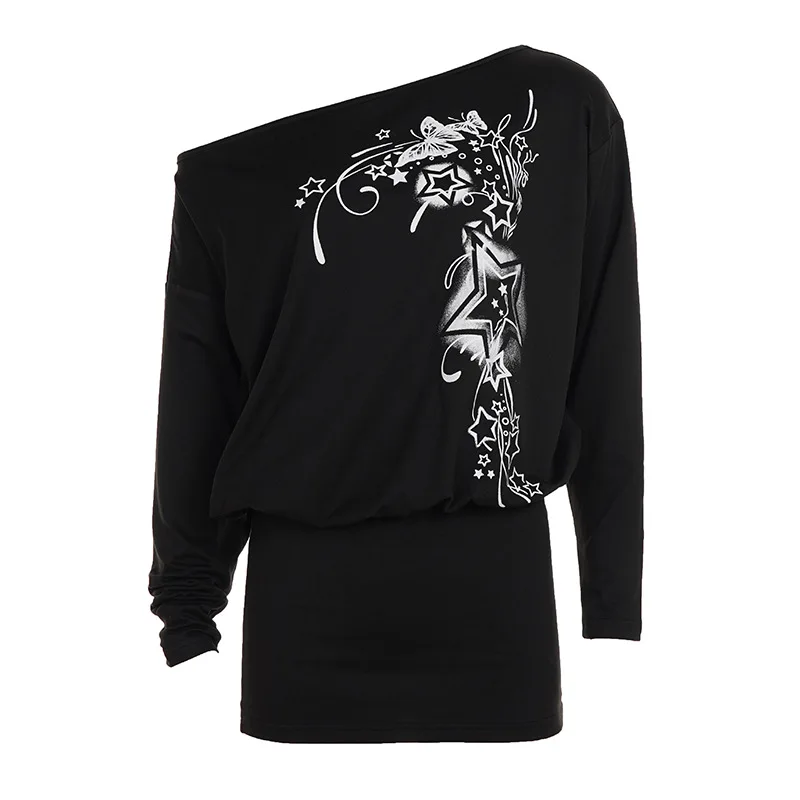 เดรสยาวแขนยาวพิมพ์ลายสไตล์สตรีทดาร์ก คอเฉียง ทรงสั้น สไตล์สาวแซ่บ แต่งชายไม่เท่ากัน