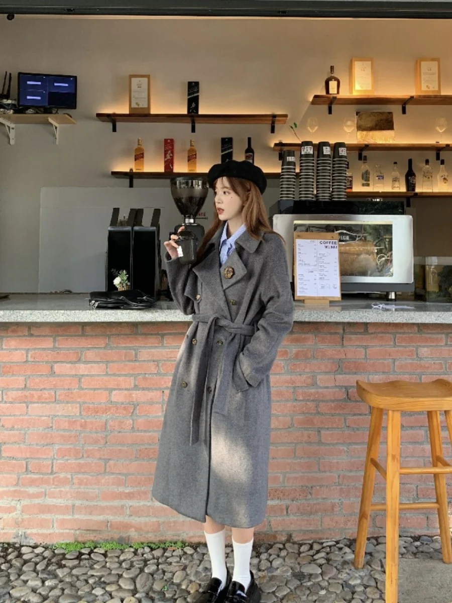 

Глазное пальто Sle Шерстяное пальто средней длины для колледжа Sle orm Salted een Plum JK Dongda High School Series Женское Fa...