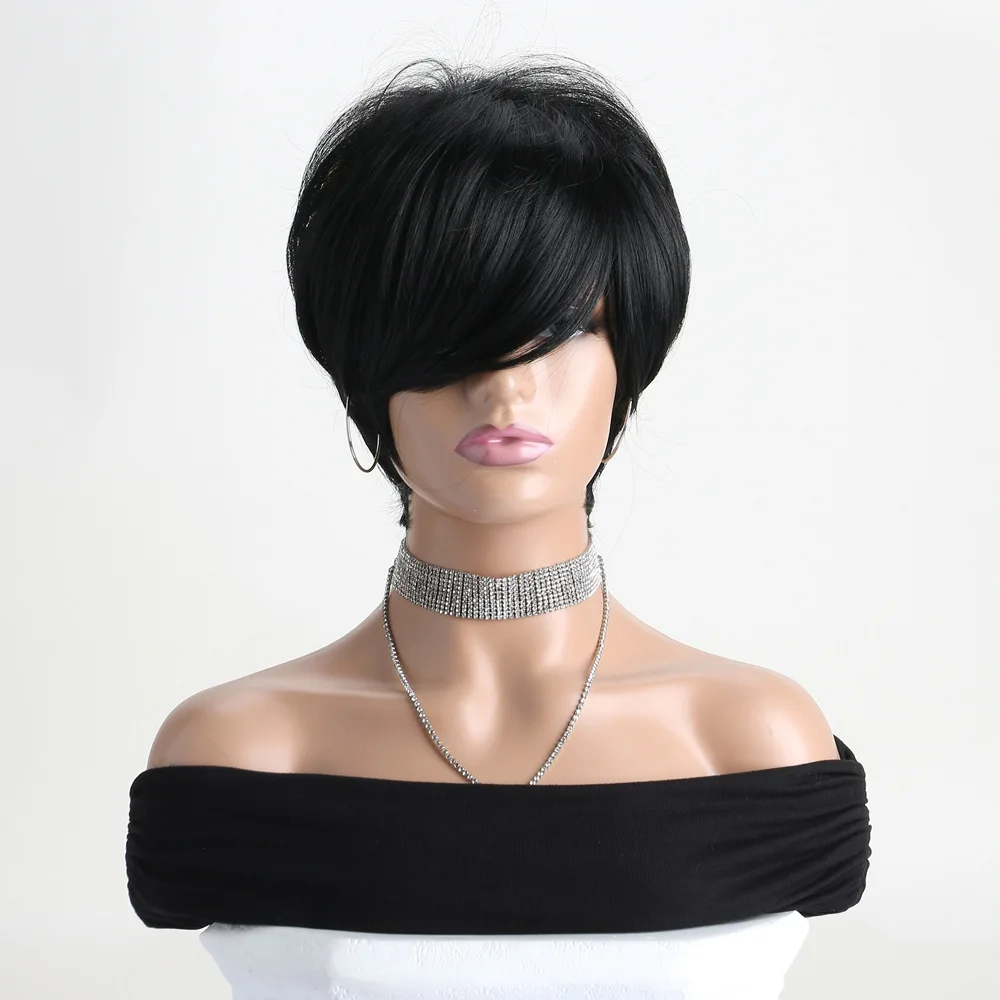 10 بوصة قصيرة مجعد شعر مستعار اصطناعي أسود مع الانفجارات للنساء رقيق مقاومة للحرارة الاستخدام اليومي الباروكات