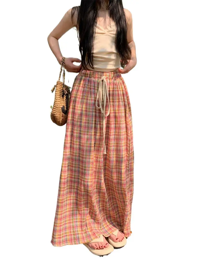

Summer New Girlish Medium Length Skirts Cotton Comfortable Vintage Plaid Waist Drawstring Mori Girl Style A-Line Loose Vestidos