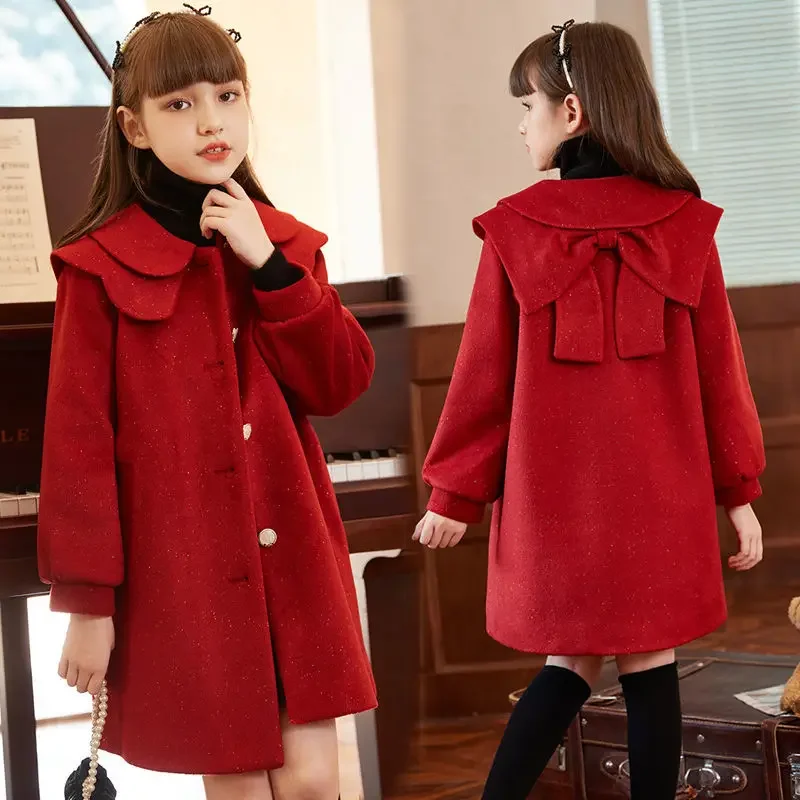 

Woolen Autumn and Winter New Year high-grade Children's Thickened Kids Cotton Padded Woolen Dress Jacket for Girls Cute Red Coat